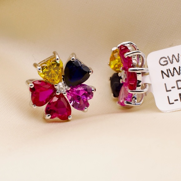 Brescia Jewelry - 925 Silver Geometric Multi-Color Earrings | 6.61 CT Lab Sapphire+0.13 CT Diamond